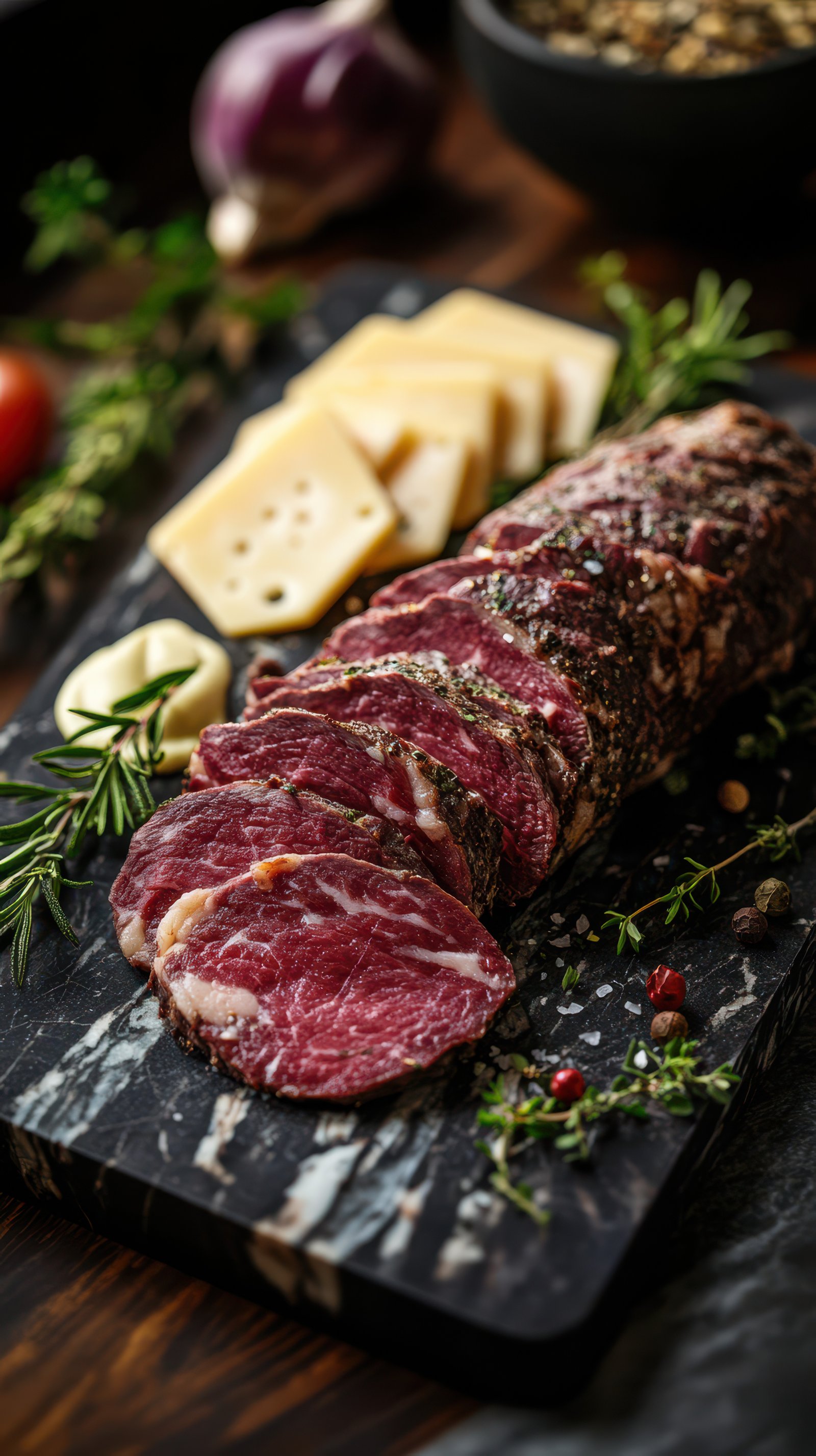 Savory cured meats and cheeses presented on a rustic wooden board during a gourmet food gathering